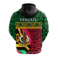 Vanuatu zip hoodie back view, green/red swirl flag print, black hood