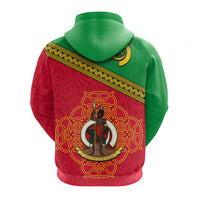 Hoodie with hood, back view with red-and-green panel and gold emblem border