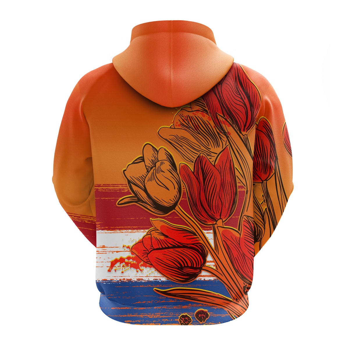 Orange pullover hoodie with tulip graphic, back view