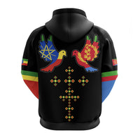 Black zip hoodie back view with multicolor dove design and diamond pattern down center