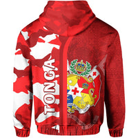 Red zip hoodie camouflage back with large TONGA text and patterned crest