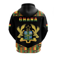 Back of Ghana zip hoodie in black with multicolor kente trim and large eagle emblem