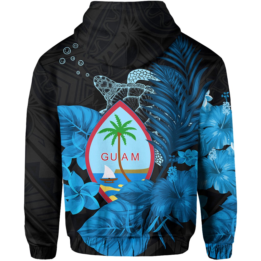 Blue zip hoodie back print with Guam seal turtle, palm tree and tropical flowers