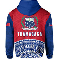 Red-and-blue pullover hoodie with crest emblem and Tuamasaga text front graphic