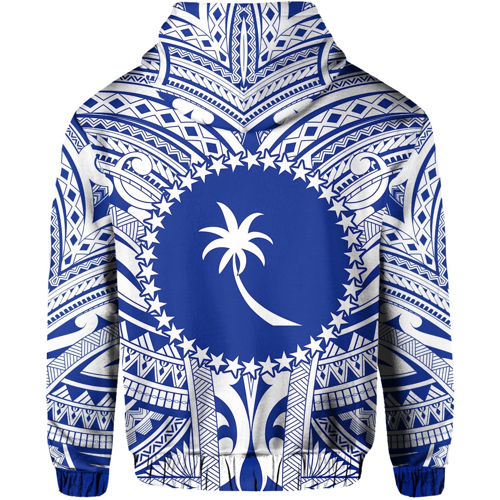 Blue hoodie back view with Chuuk-style circle motif and patterned sleeves
