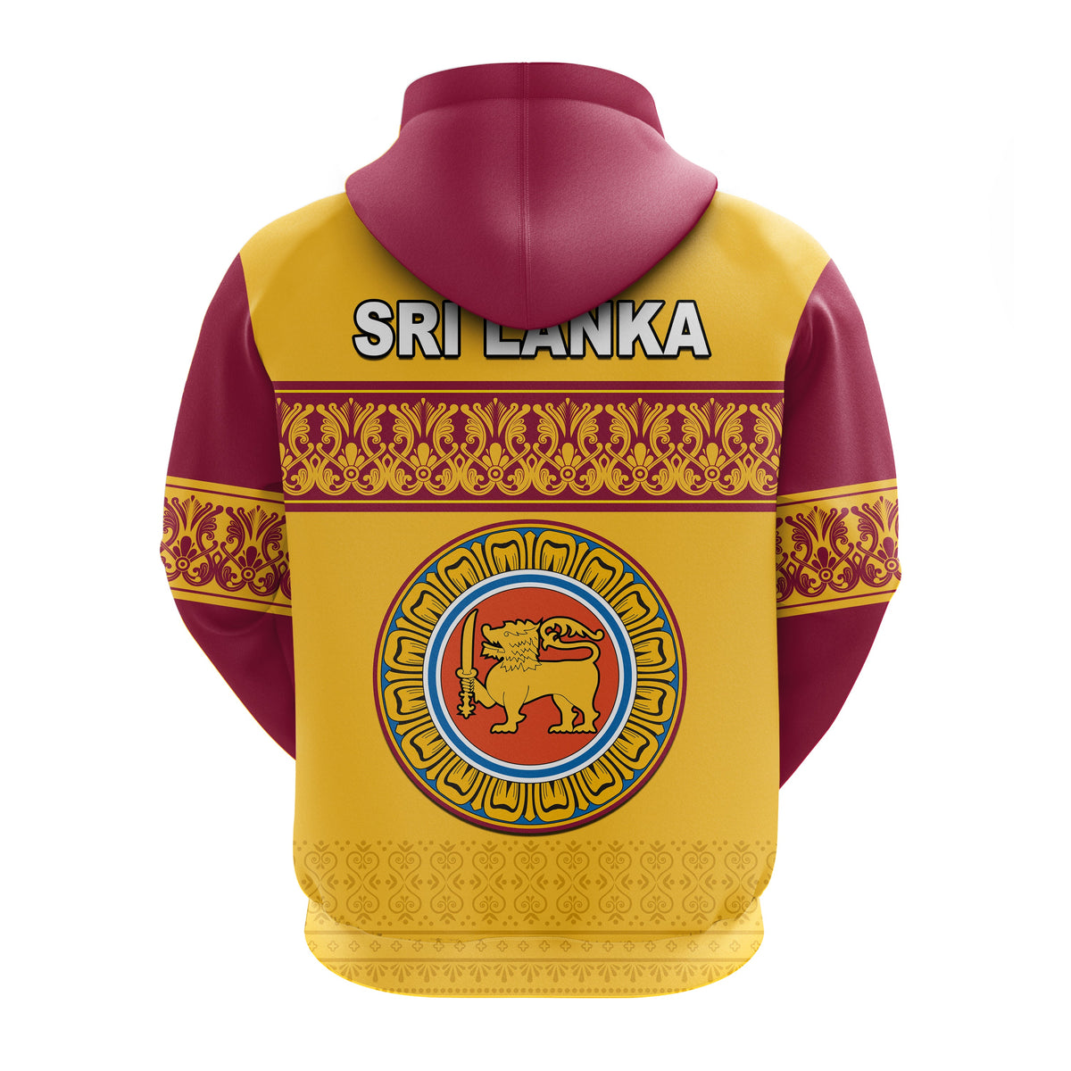 Back of yellow pullover hoodie with SRI LANKA text, lion crest, gold border