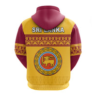 Back of yellow pullover hoodie with SRI LANKA text, lion crest, gold border