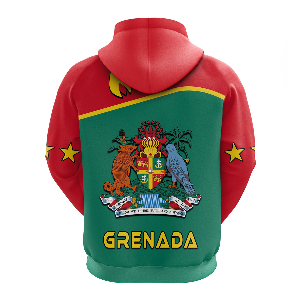 Grenada zip hoodie back, red hood and green panel with GRENADA print