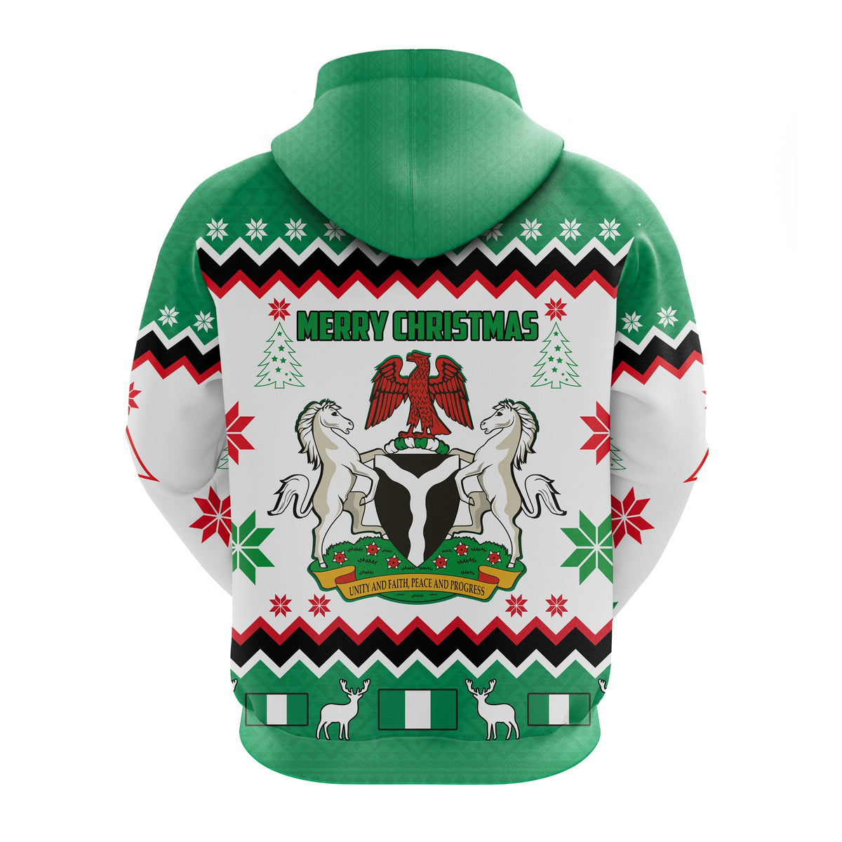 Green pullover hoodie with African Christmas pattern and 'MERRY CHRISTMAS' back print