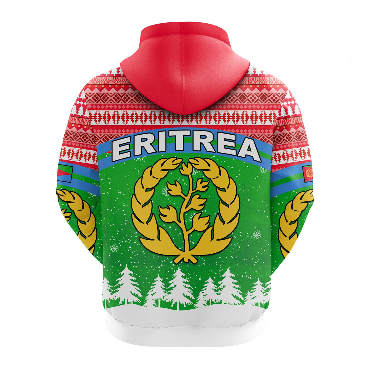 Red zip hoodie back view with large Eritrea graphic and green tree-pattern design