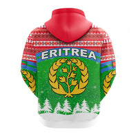 Red zip hoodie back view with large Eritrea graphic and green tree-pattern design