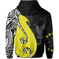 Black hoodie back view with large yellow fish-hook graphic, stars, and tribal patterns
