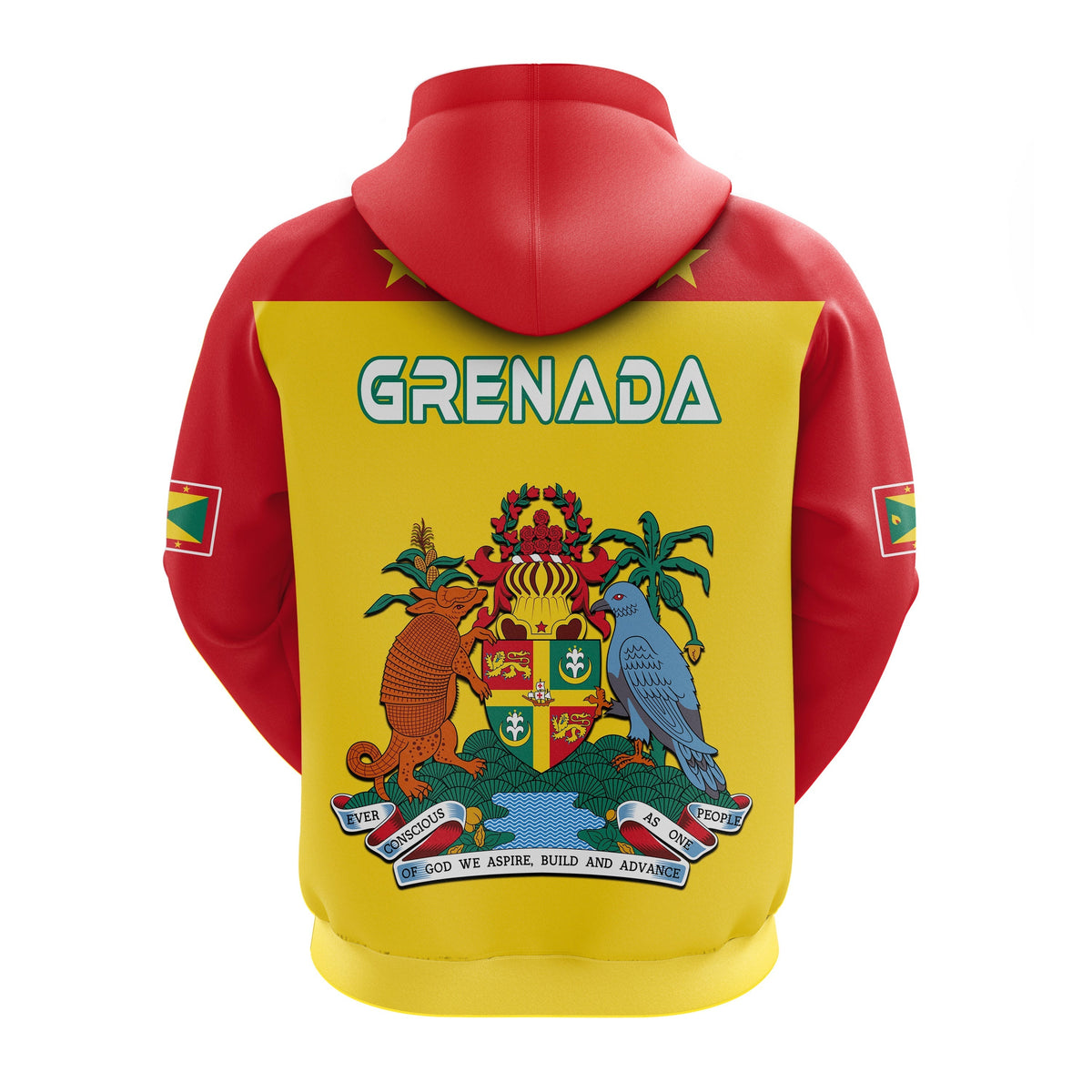 Multicolor hoodie with back Grenada crest graphic; red hood and drawstring strings