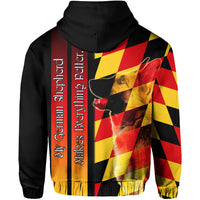 Black pullover hoodie with German Shepherd check-pattern graphic and vertical text on back