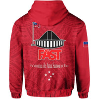Red pullover hoodie back view with FAST logo, building graphic, and star motif
