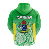 Green zip hoodie back “Cook Islands” graphic with crest, hood and yellow side panels