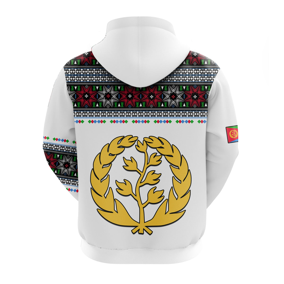 White pullover hoodie back with large gold emblem in circular wreath and flag pattern trim