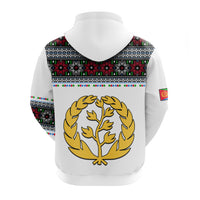 White pullover hoodie back with large gold emblem in circular wreath and flag pattern trim