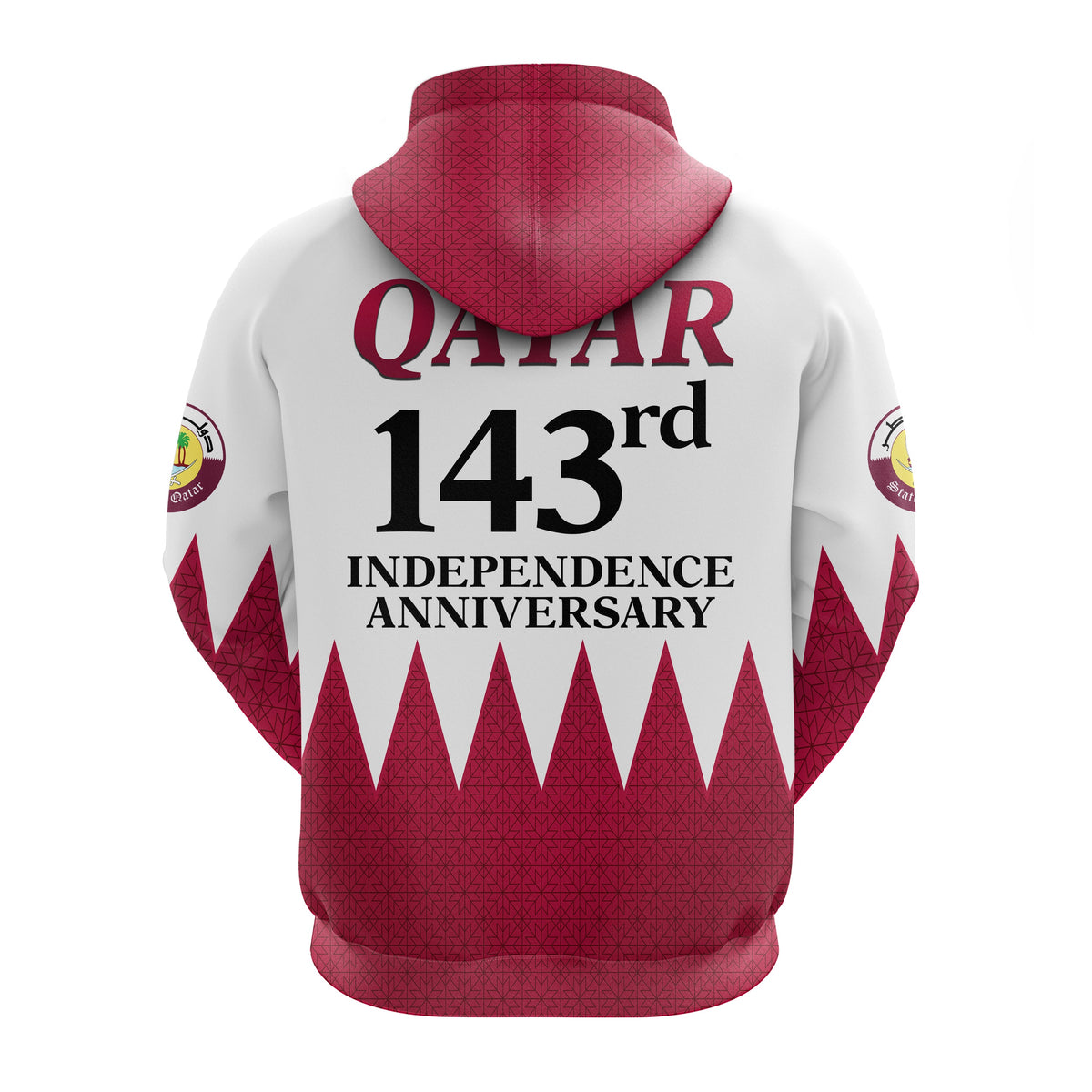 White back zip hoodie with maroon hood, Qatar 143rd Independence Anniversary text
