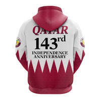 White back zip hoodie with maroon hood, Qatar 143rd Independence Anniversary text