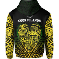 Black hoodie with Cook Islands heart emblem and yellow tribal sleeve pattern