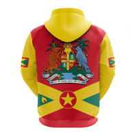 Red and yellow hoodie back view with hood and drawstrings, large Grenada crest graphic