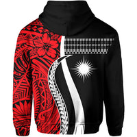 Red tribal-sleeve hoodie with black front and white geometric band