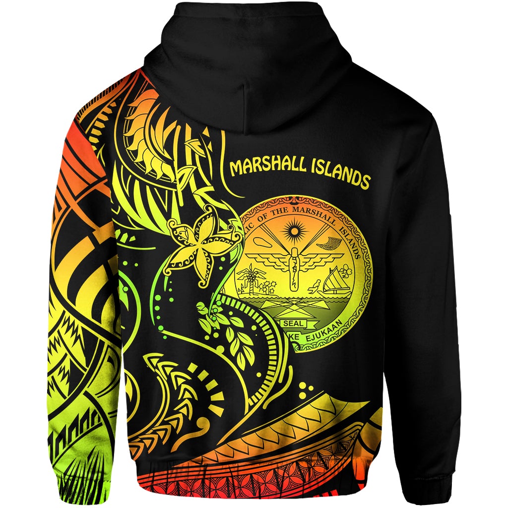 Black pullover hoodie back view with “Marshall Islands” seal and reggae neon design