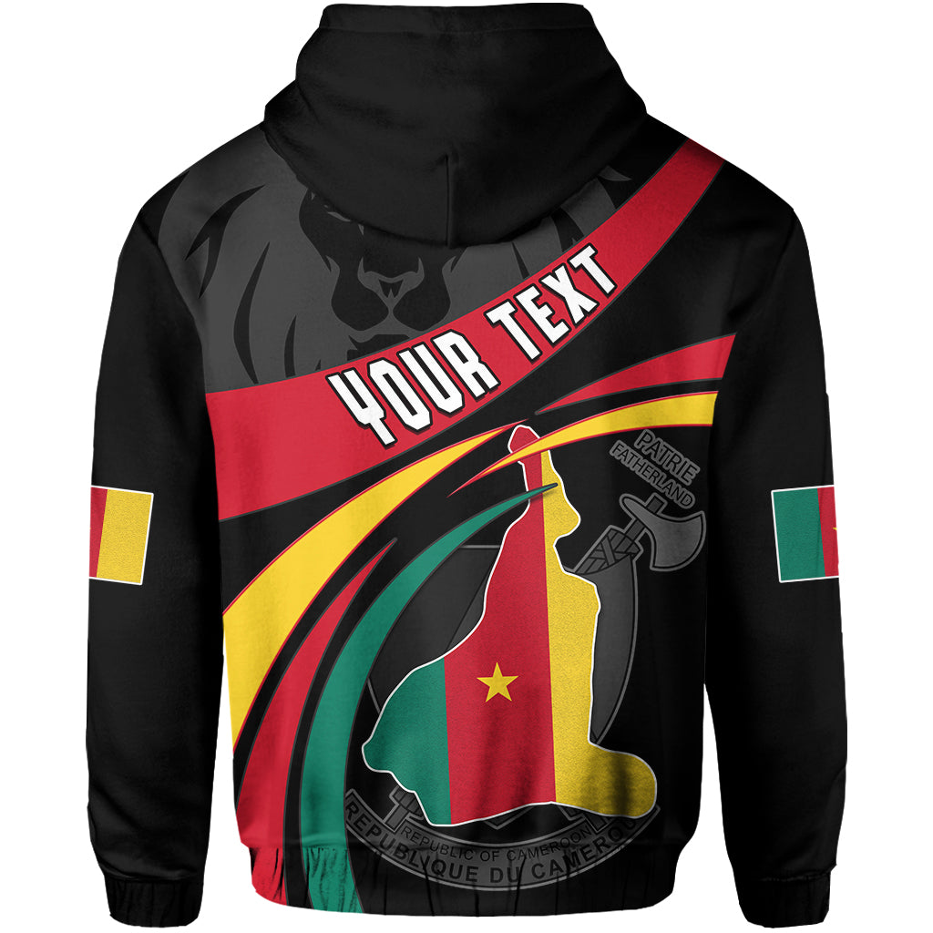 Black zip hoodie back with YOUR TEXT banner and Cameroon map graphic in red stripe