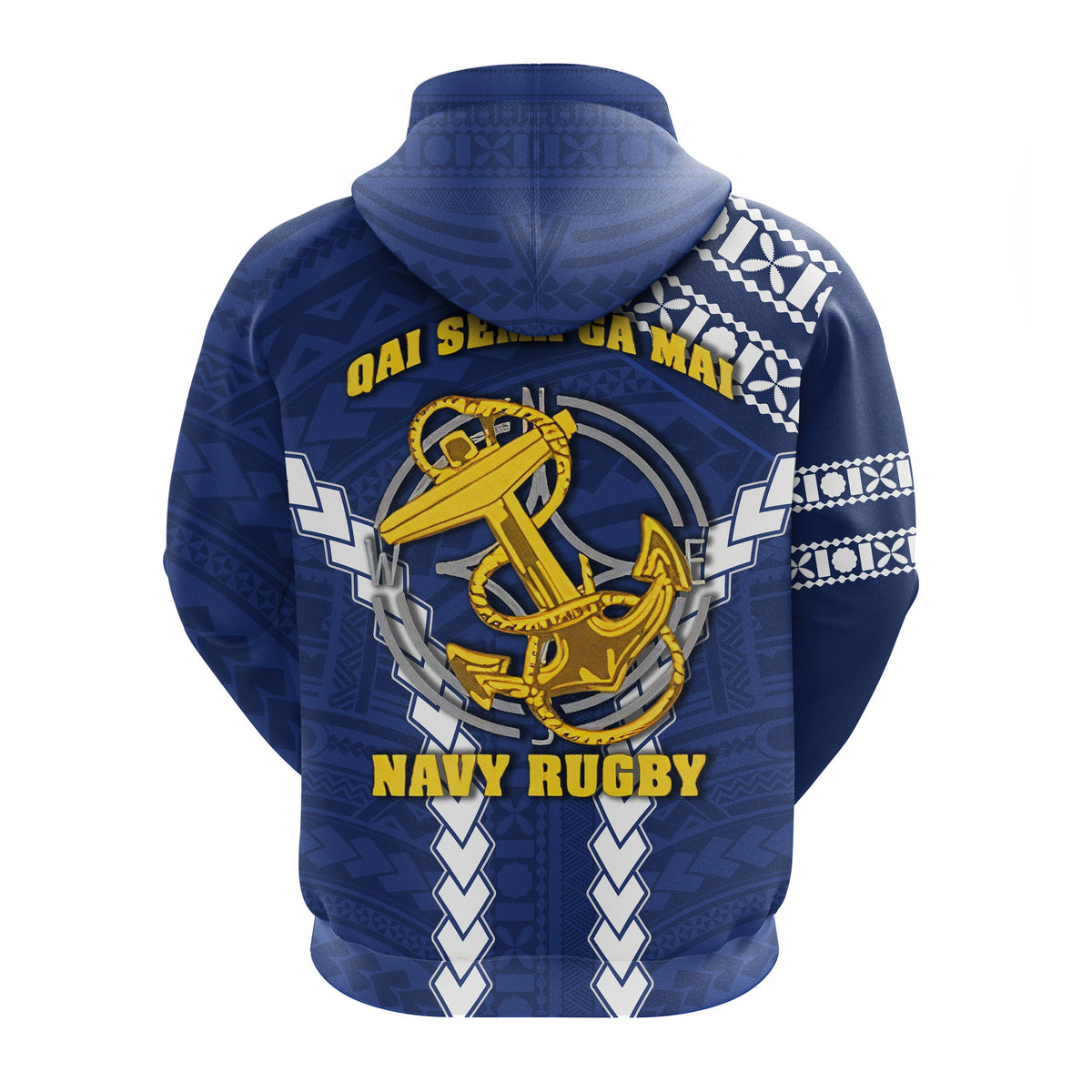 Navy zip hoodie back with 'Navy Rugby' text and anchor emblem, patterned yoke