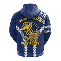 Navy zip hoodie back with 'Navy Rugby' text and anchor emblem, patterned yoke