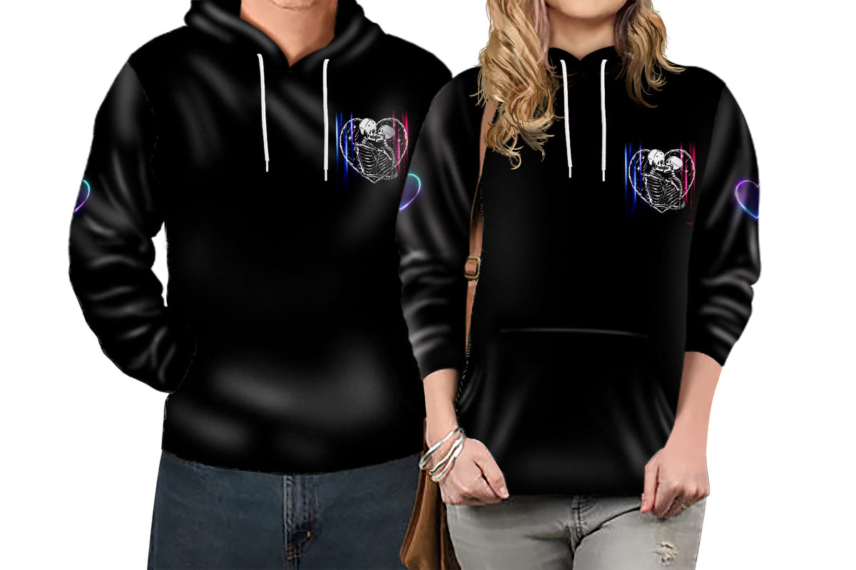 Black hoodie with neon skull heart print, adjustable drawstring hood and front pouch pocket