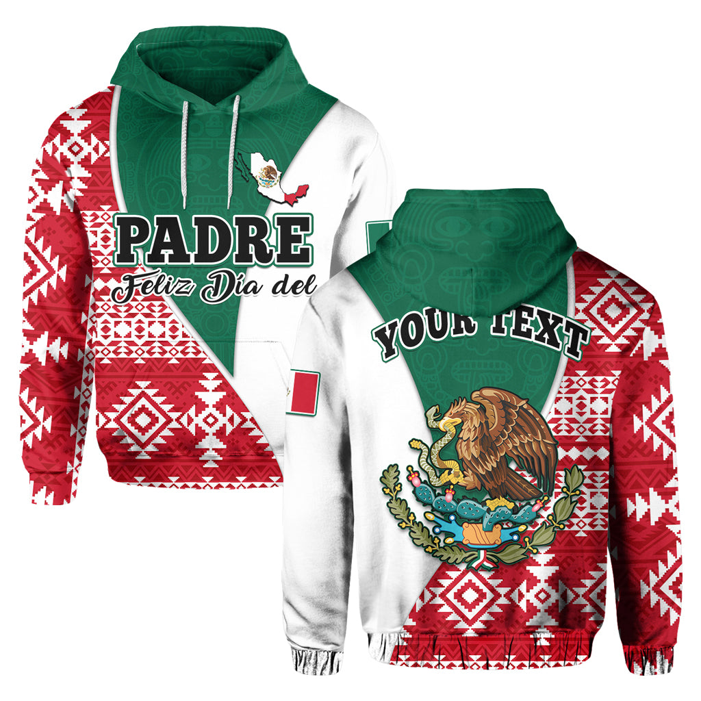 Pullover hoodie with green hood, red/white Aztec print and “PADRE Feliz Dia del”