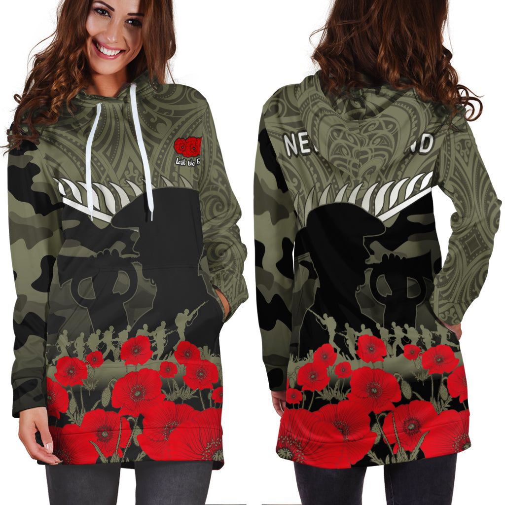 Hoodie dress with green camo pattern, red poppies print, and white drawstring hood