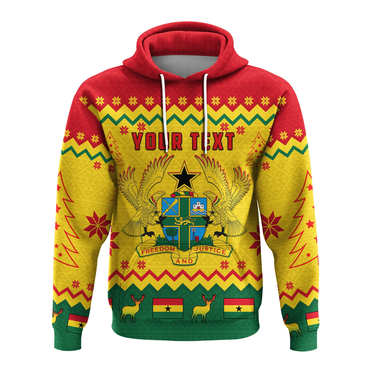 Yellow pullover hoodie with red hood, bold African pattern and 'YOUR TEXT' print