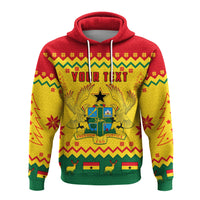 Yellow pullover hoodie with red hood, bold African pattern and 'YOUR TEXT' print