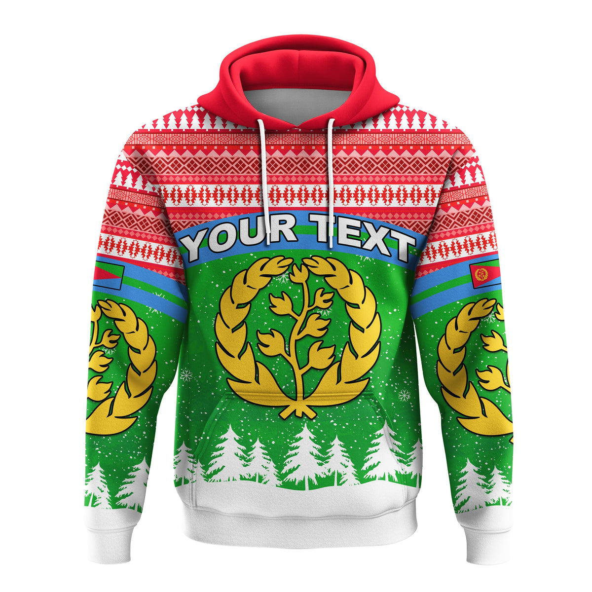 Red pullover hoodie with Eritrea festive print, 'YOUR TEXT' banner and green wreath