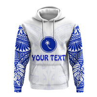 Hoodie mit Kapuze, weißem Stoff und blauem Muster; „YOUR TEXT“ vorne