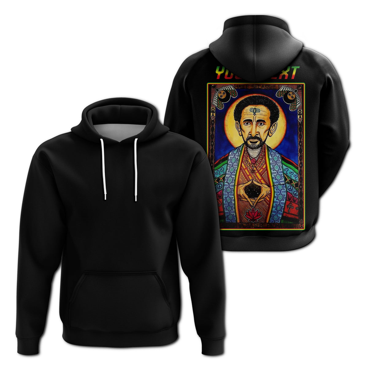 Black hoodie set: pullover and zip styles; zip shows Haile Selassie portrait back print