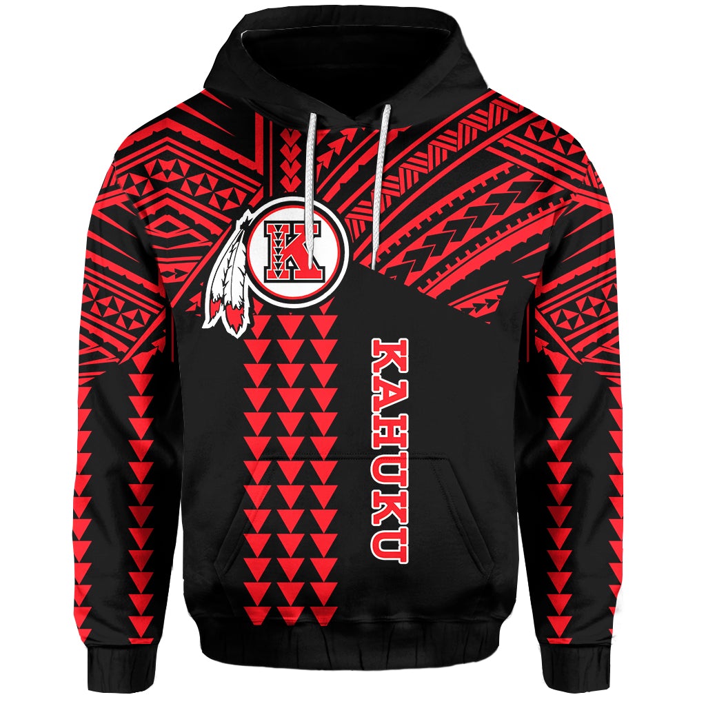 Black zip hoodie with red tribal pattern, K logo, and 'KAHUKU' vertical print