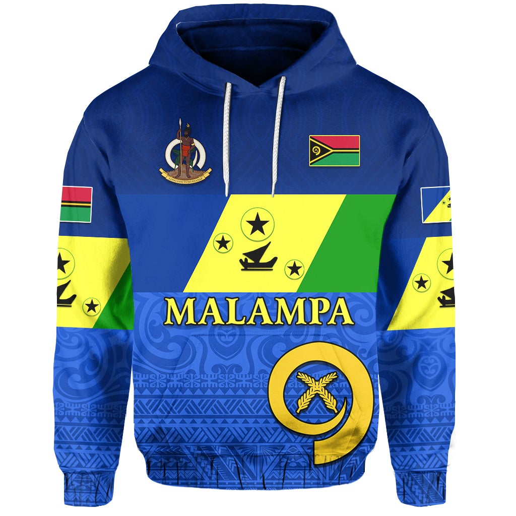 Blue hoodie front print 'MALAMPA' with gold emblem, drawstring hood, sleeve flag patch