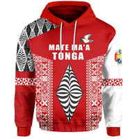 Red pullover hoodie with Tonga graphic, white text, and black-and-white patterned side panels