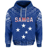 Blue pullover hoodie with 'SAMOA' lettering, white stars, and Polynesian geometric trim