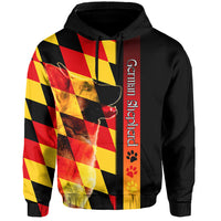 Black pullover hoodie with German Shepherd graphic, check pattern, and vertical paw text