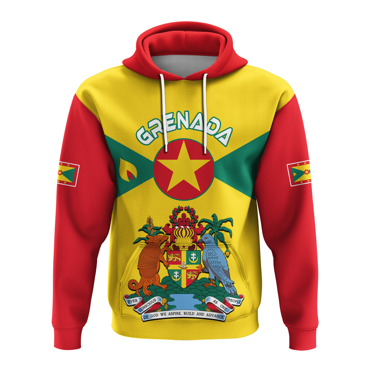Yellow Grenada pullover hoodie with red hood and front graphic crest, drawstring ties