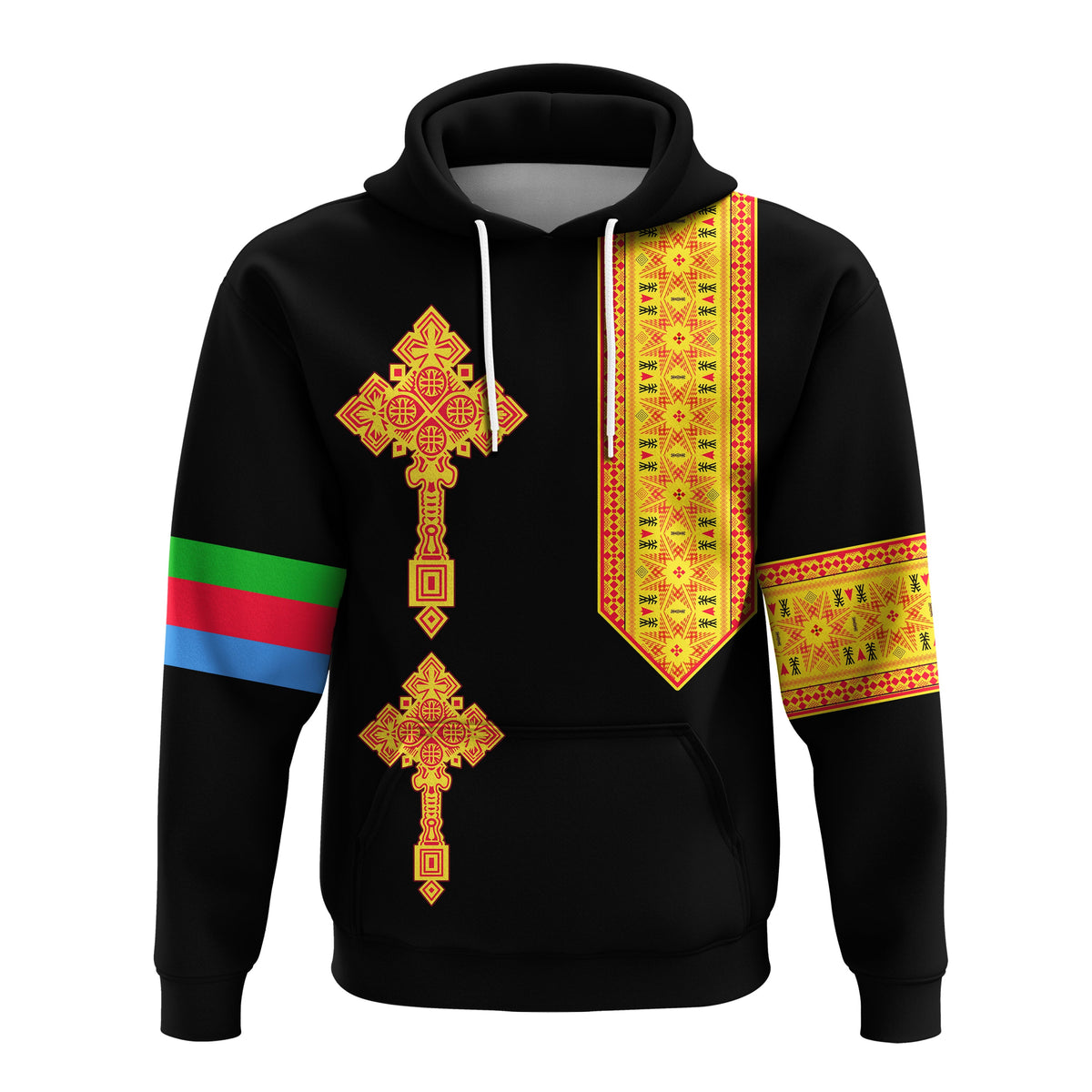 Black pullover hoodie front with Eritrean cross design, patterned chest stripe, and sleeve flags