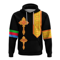 Black pullover hoodie front with Eritrean cross design, patterned chest stripe, and sleeve flags