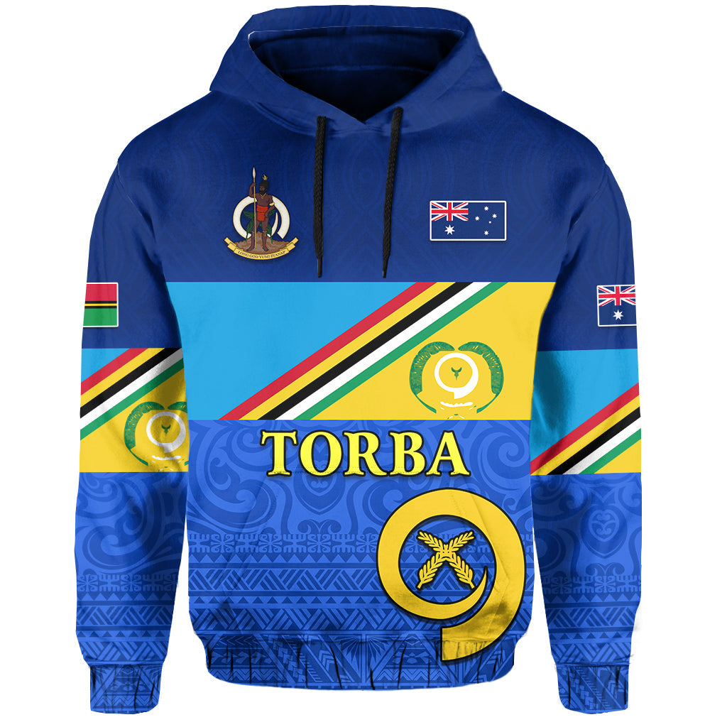 Blue pullover hoodie with hood, drawstrings, and TORBA graphic panel