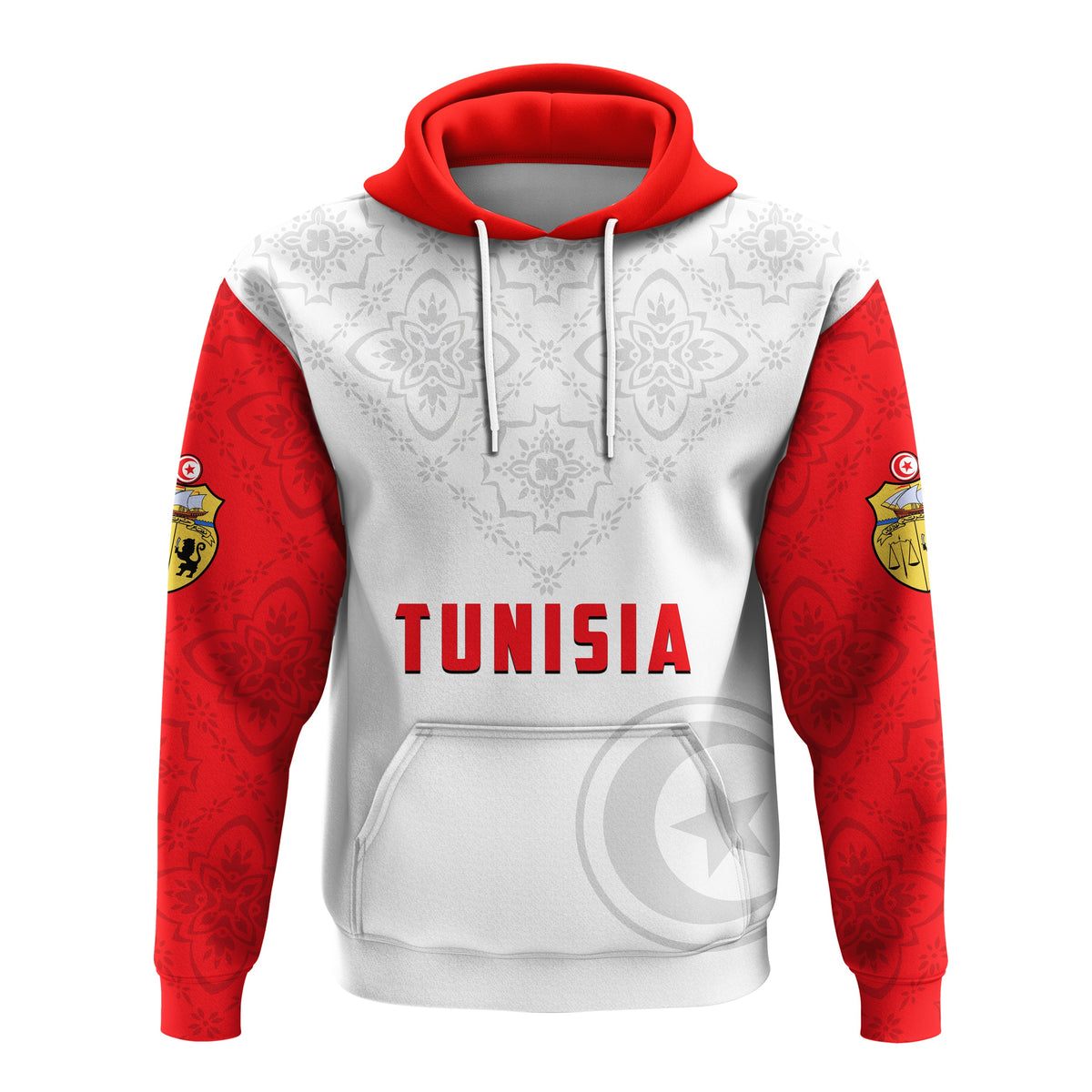 Pullover hoodie with red hood, white front, red patterned sleeves and “TUNISIA” print