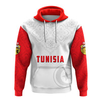 Pullover hoodie with red hood, white front, red patterned sleeves and “TUNISIA” print